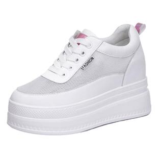 小个子夏天穿的鞋子女内增高小白鞋网面透气增高10cm运动休闲网鞋