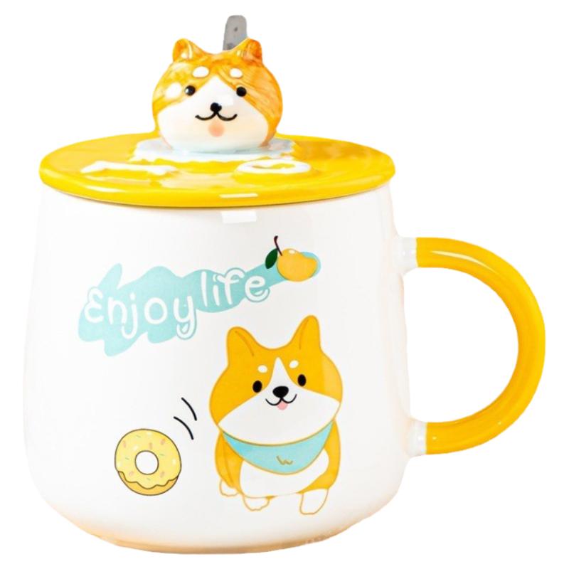 可爱柴犬卡通陶瓷水杯带盖勺女生马克杯超萌小狗图案早餐牛奶杯子