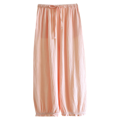 夏季纯棉灯笼裤纯色全棉休闲家居裤大码加肥绉布棉纱睡裤束脚防蚊