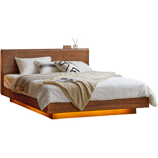 方迪黑胡桃木箱体床主卧1米8双人床简约现代1.5米床带夜灯齐边床