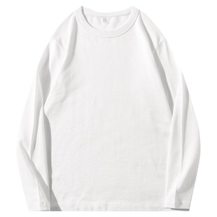 抗变形三本针！300G重磅纯棉白色圆领长袖T恤柔软磨毛打底衫男 冬