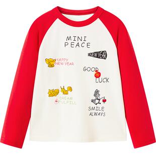 [5A抑菌]MINIPEACE太平鸟童装男童红色插肩袖长袖T恤新年内搭春节