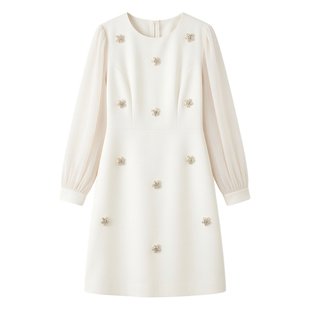 茗思早春长袖连衣裙女2026新款小个子钉珠花朵气质宽松显瘦裙子