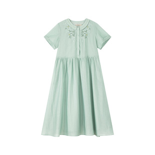 一城画一夏季文艺范纯色刺绣提花中款连衣裙轻薄柔软天丝长裙