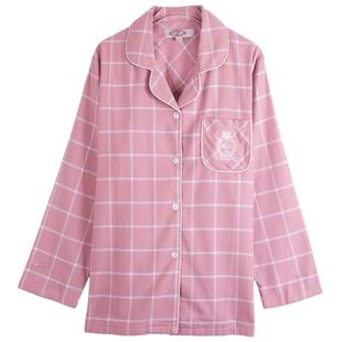 美标全棉春秋款睡衣女士装梭织纯棉长袖格子两件套装家居服芭比粉