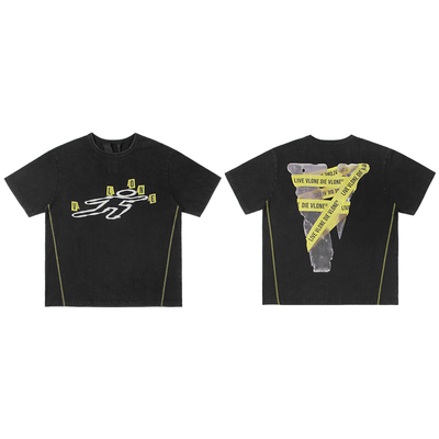 VLONE大V破界宣言撞色腰线做旧水洗T恤男女同款黑色V-00003