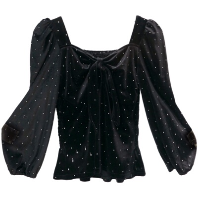 烫金丝绒波点蝴蝶结黑色减龄小衫