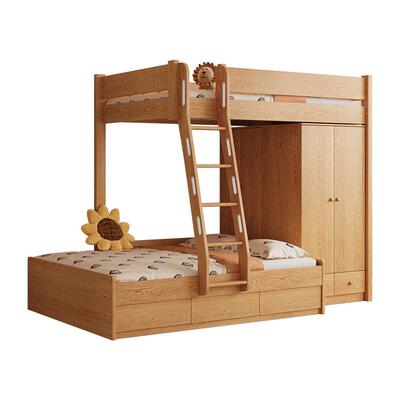 上下床交错式小户型高低床原木风实木儿童双层床带书桌一体组合