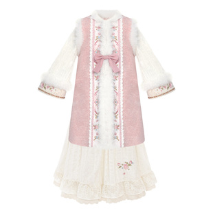 十三余童装【桃间雪】粉色毛呢刺绣外套保暖针织半裙明制女童冬