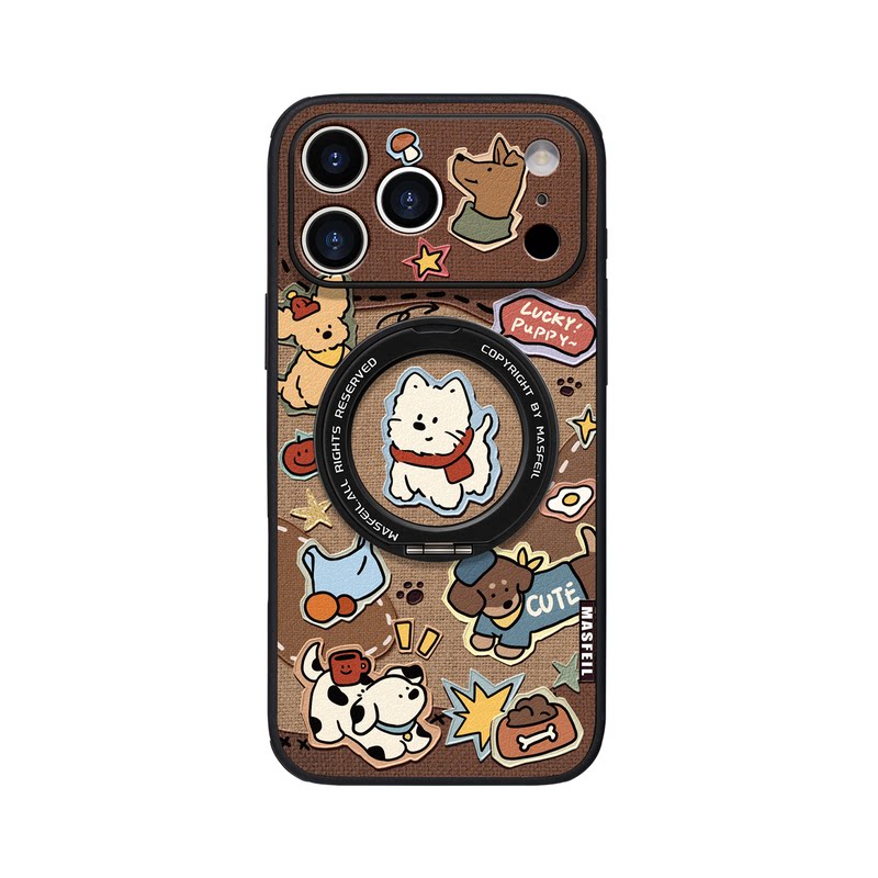 MASFEIL × 拼贴小狗适用iPhone17Promax手机壳新款ip15磁吸带支架苹果16Pro套Ho5支点豹纹高级13pm全包冬