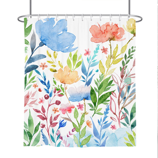 北欧水彩花卉浴室防水布免打孔加厚洗澡卫生间淋浴隔断帘防霉挂帘