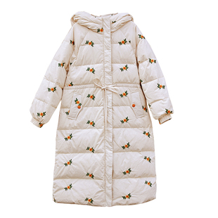 忆旧【温暖节拍】连帽刺绣羽绒服女长款2025冬棉衣白鸭绒保暖外套