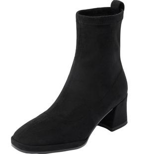 莱尔斯丹黑森林秋冬新款时尚方头真皮粗跟短筒靴子高跟女鞋64903