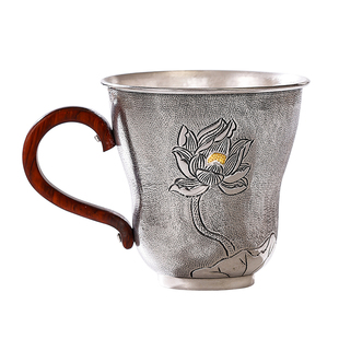 大号银茶杯纯银999品茗主人杯复古荷花银水杯高端咖啡马克办公杯