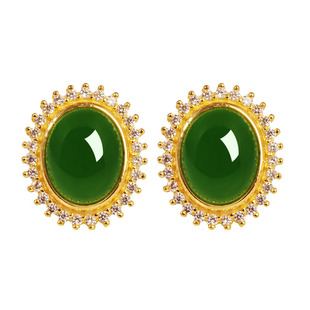 正品999足金黄金镶玉和田碧玉耳钉耳坠女菠菜绿耳针耳钩金耳饰