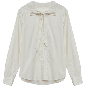 DM100大码百分百女装微胖mm秋季内搭上衣正肩系带蝴蝶结纯棉衬衫