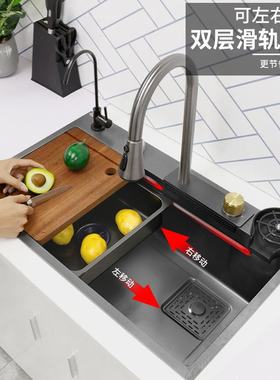 枪灰色大单槽厨房304洗菜盆洗菜池洗碗槽手工飞雨大瀑布水槽