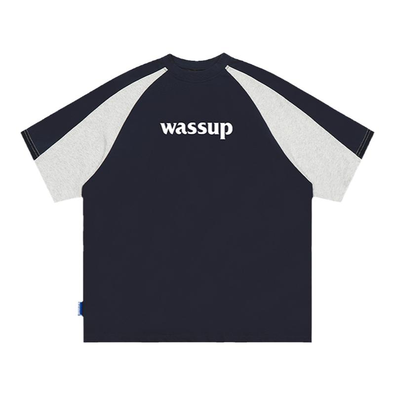 WASSUP HEODS机车街头撞色短袖男士夏季宽松字母百搭情侣插肩T恤