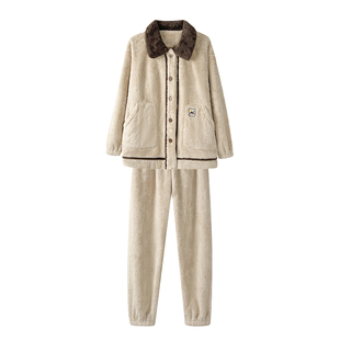 文森熊猫雪花绒秋冬家居服睡衣女士可外穿加绒加厚法兰绒套装