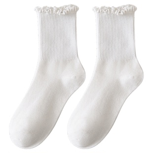 袜子女中筒袜春夏无骨纯棉吸汗白色木耳花边甜美堆堆长袜配小皮鞋