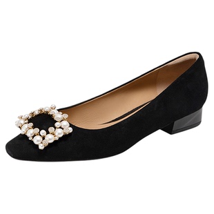 natursun法式浅口单鞋女2025冬季方头一脚蹬鞋子百搭方扣水钻单鞋