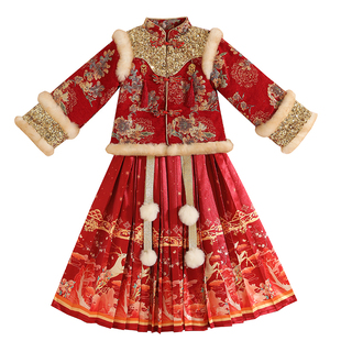 拜年服女童2025新款儿童汉服唐装红色加厚中国风冬装马面裙新年装