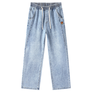 浅蓝色牛仔裤男款美式复古水洗直筒弯刀裤宽松阔腿工装长裤子男生