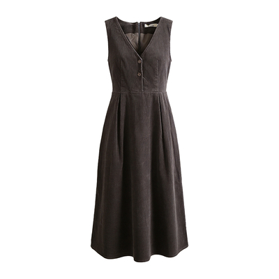 深灰色V领灯芯绒背心连衣裙女