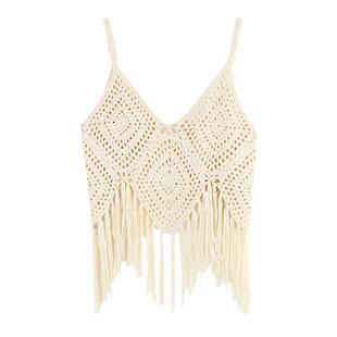 MULVAN 度假风镂空吊带女小众设计感流苏无袖背心夏新款上衣