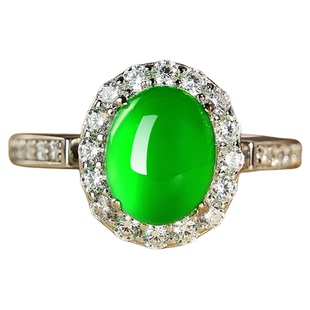 VISING珠宝马料绿玉髓戒指强莹光玛瑙鸽子蛋媲美冰种翡翠S925银