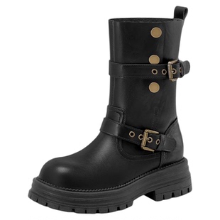 星期六西部骑士靴女2025新款秋季百搭短筒靴复古厚底皮带扣马丁靴