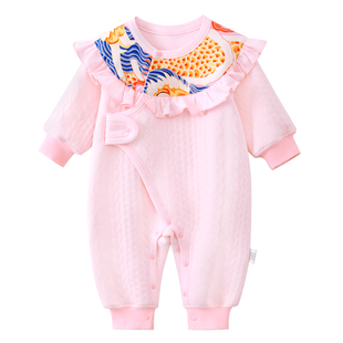 龙喜年婴儿夹棉连体衣服女宝国风粉色纯棉满月百天宴周岁礼服秋冬