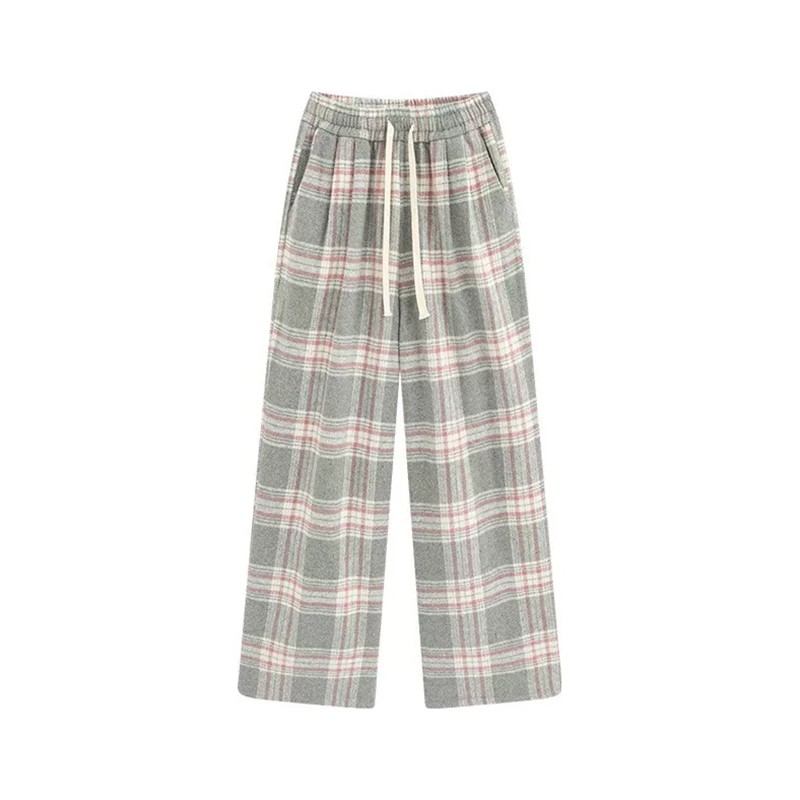 复古灰粉格子撞色阔腿裤子女秋装大码胖mm梨形身材显瘦直筒休闲裤
