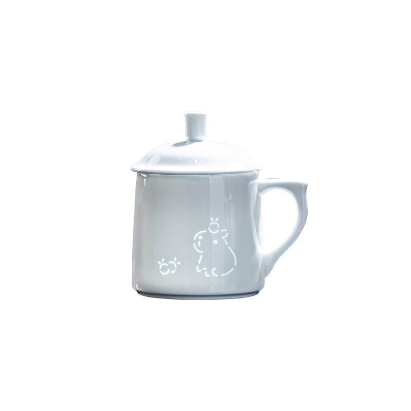 景德镇玲珑白瓷带盖茶杯家用办公
