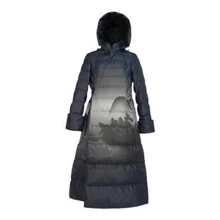 浒城古娘新款水墨印花连帽黑色气质长款新中式国风羽绒服外套女冬