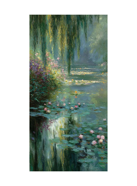 可班手绘油画柳岸清塘玄关装饰画