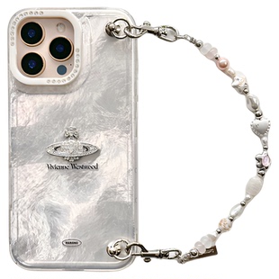 防摔冷淡锡纸镜头水钻土星手链适用iphone17promax天然珍珠链条手机壳高级苹果16原创小众仙女印花全包软壳