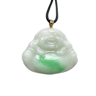 翡翠林肚里藏金缅甸天然翡翠佛公吊坠A货飘阳绿弥勒佛玉坠18K金扣