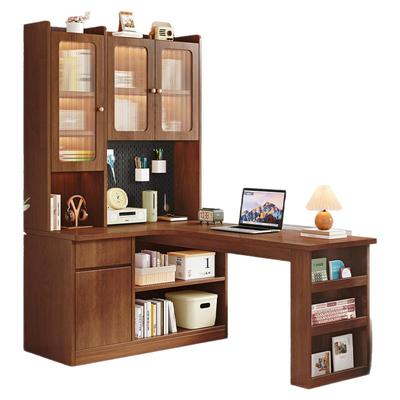 中古风实木转角书桌书柜书架一体