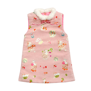 叙罗儿童旗袍背心裙中长款冬季女童拜年服女孩新中式连衣裙唐装