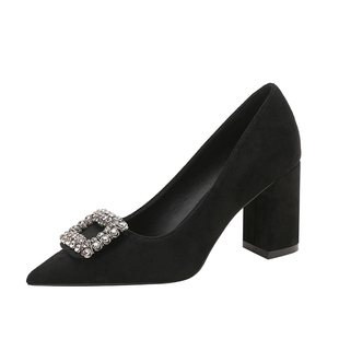 气质粗跟高跟鞋不累脚大码女鞋水钻方扣黑色通勤绒面单鞋中跟5cm