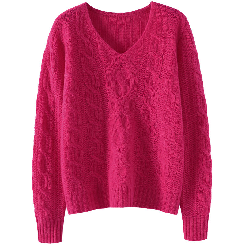 抓人的舒服好看~V领绞花羊绒衫女宽松慵懒风纯羊绒毛衣秋冬新款