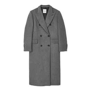 SANDRO秋冬女装法式时尚优雅灰色戗驳领双排扣长款毛呢大衣外套
