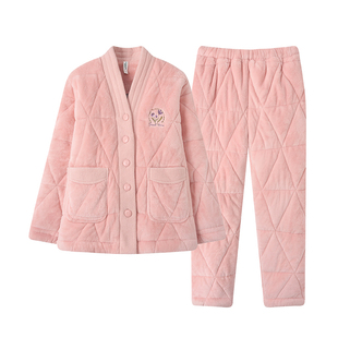 芬腾可安睡衣女款秋冬季加厚三层夹棉家居服套装长袖长裤V领睡衣