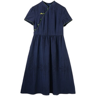 23CXC-091【君行】前世今生复古轻中式立领绣花短袖X型连衣裙