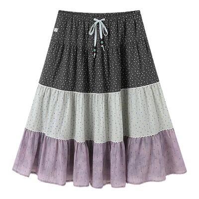 CryingCenter韩系拼接波点蛋糕半身裙松紧腰抽绳碎花分层中长裙