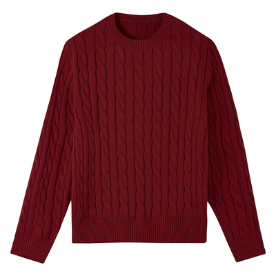 圆领绞花新年红色针织衫套头毛衣