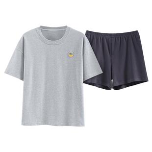 夏季带胸垫睡衣女款夏天居家短袖短裤夏款纯棉灰色短款家居服套装