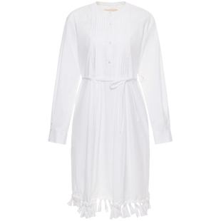 宝姿PORTSPURE女装舒适波嬉压褶手工流苏系带收腰连衣裙