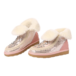 羊皮毛一体34-37保暖雪地靴冬水钻 纯羊毛短靴加厚女鞋棉鞋外贸靴